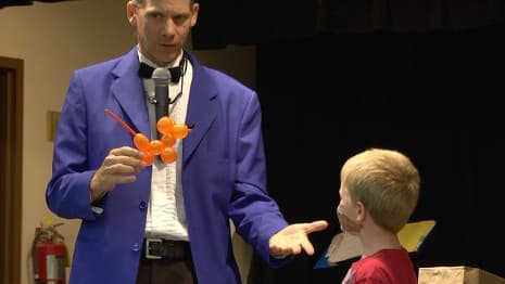 A young child's balloon animal performs a number of silly tricks, is destroyed, then magically restored!