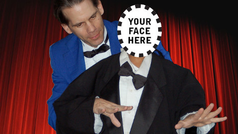 A member of the audience appears virtually dressed in a magician's tux and performs some magic!